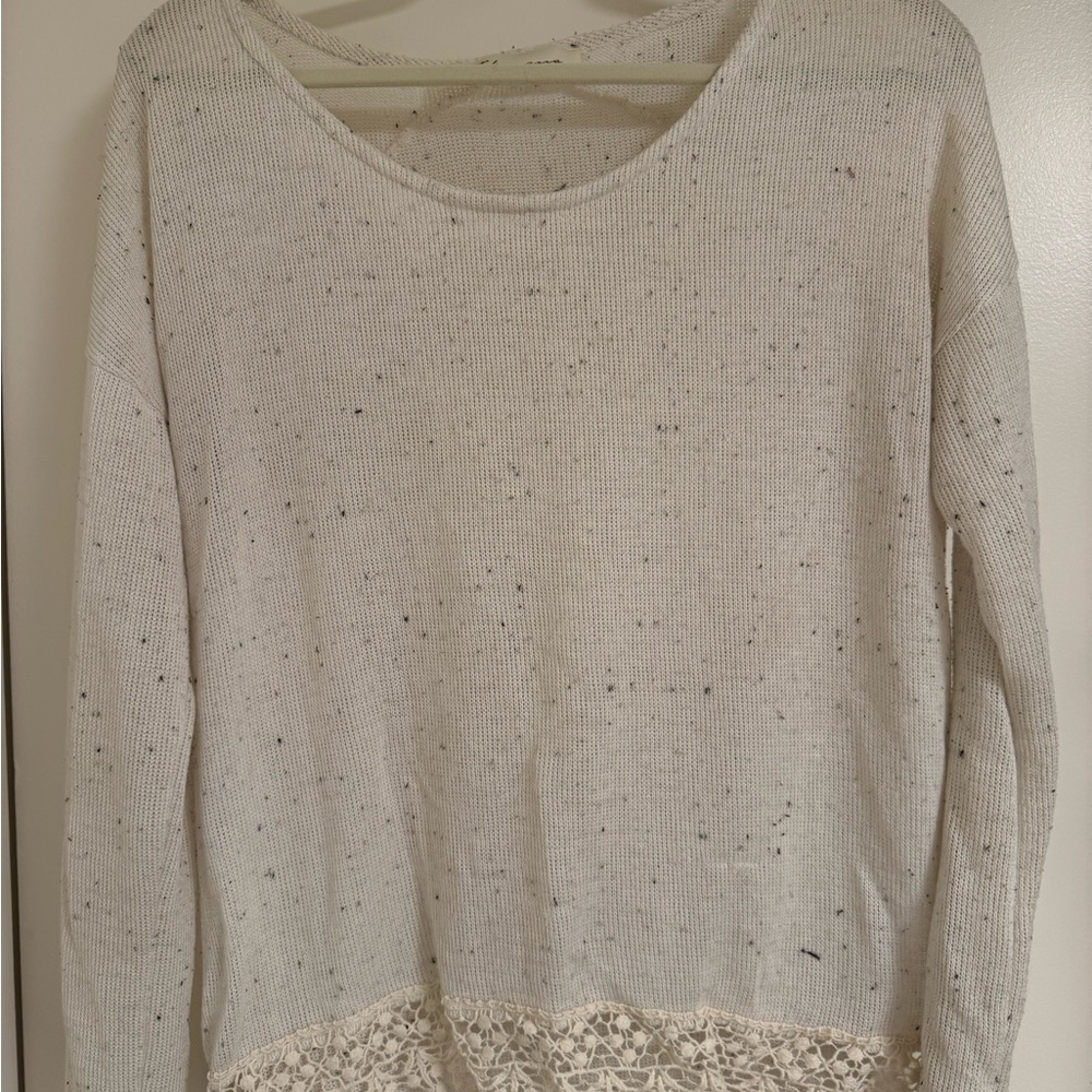 Vintage Havana Cream Speckled Knit Sweater with Lace Hem